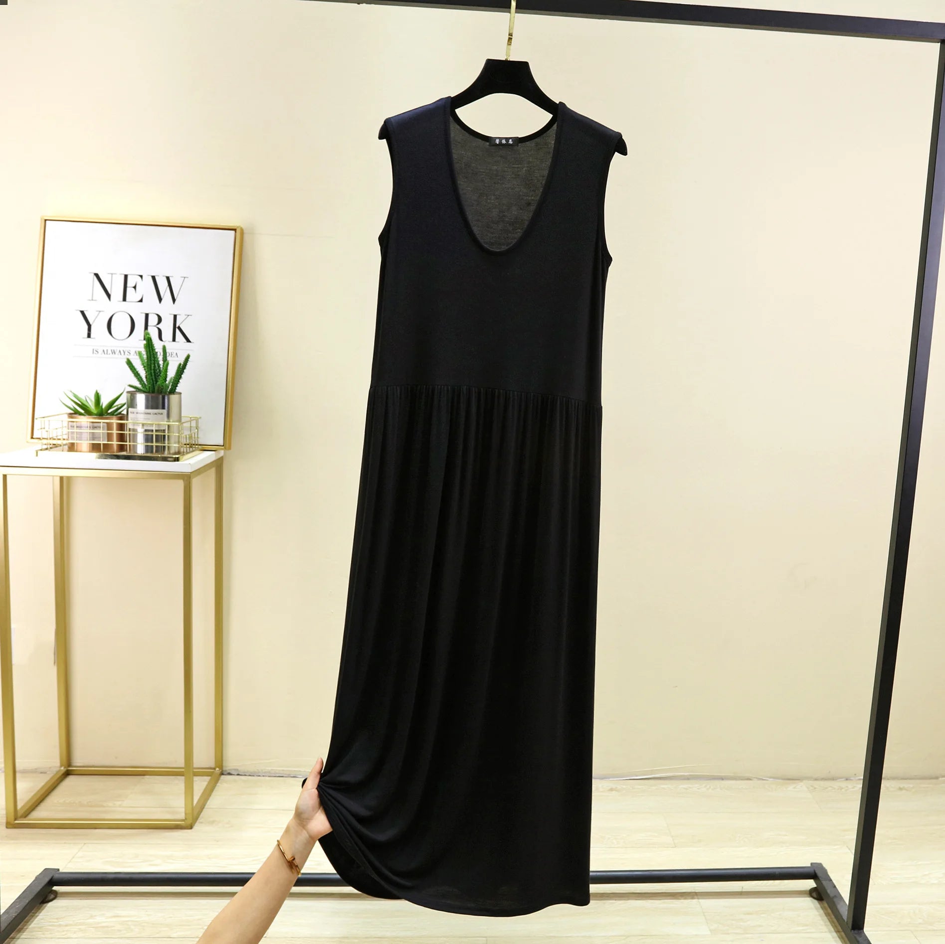 Plus Size Women's Modal Sleeveless Tank Dress – Pleated Mid-Length Waist-Slimming Homewear