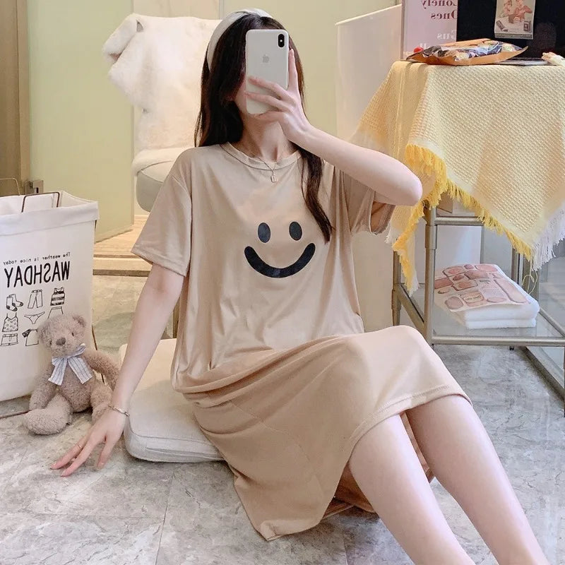 Summer Women Nightgown Lady Casual Short-sleeve Long Dress Loose Girl Loungewear Student Dress Outside Woman Casual Home Dress