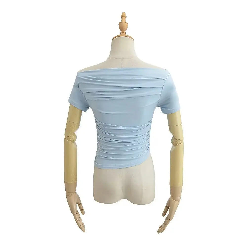 Sexy Spicy Girl Short Sleeve Slim Fit Pleated One Shoulder Base Shirt Street Snap Popular Thinming Street Snap Top for Summer