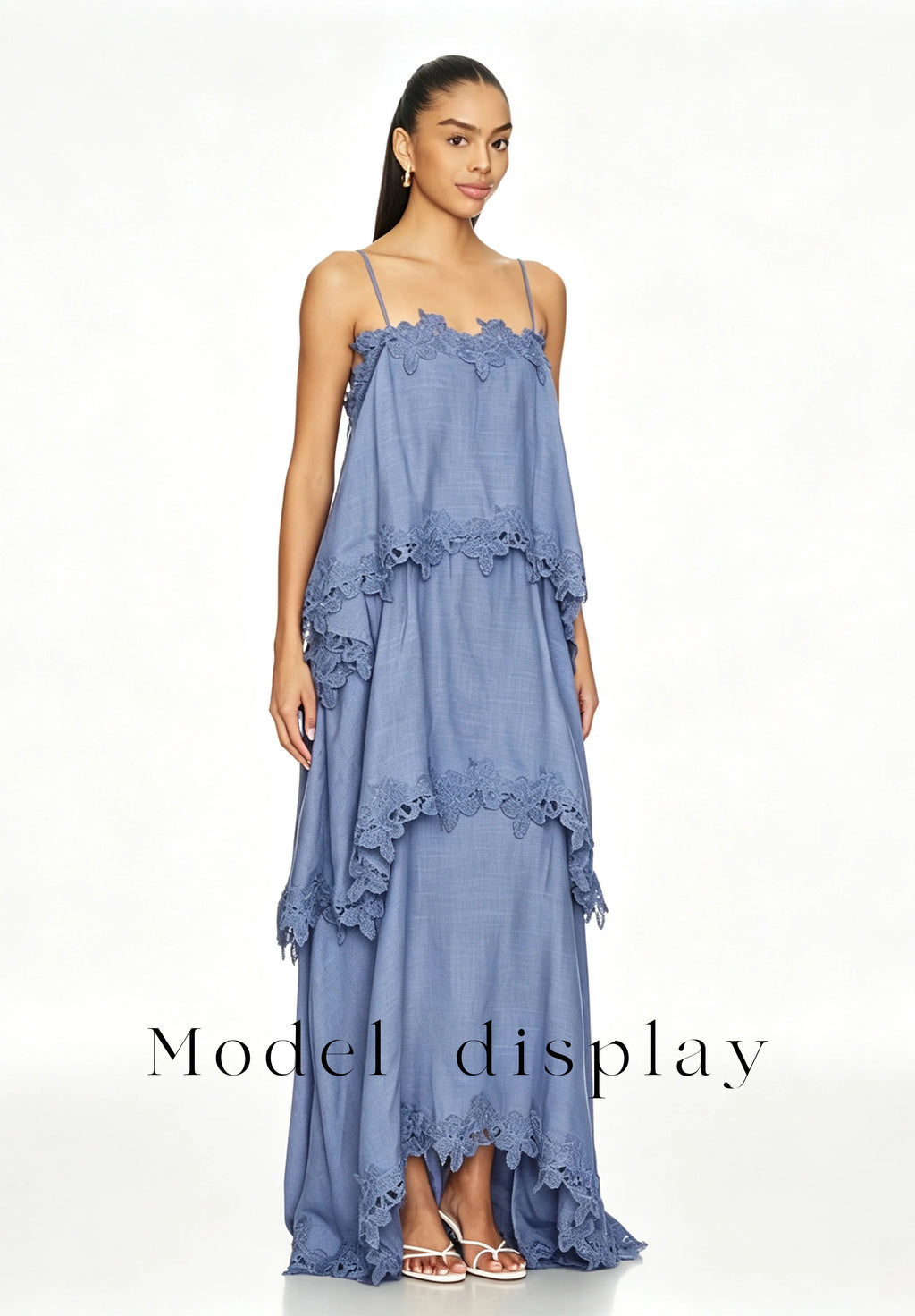 SweetLady Blue Spaghetti Strap Tiered Lace Trim Maxi Gown, Flowy Boho Layered Long Dress for Summer Holiday Bridesmaid