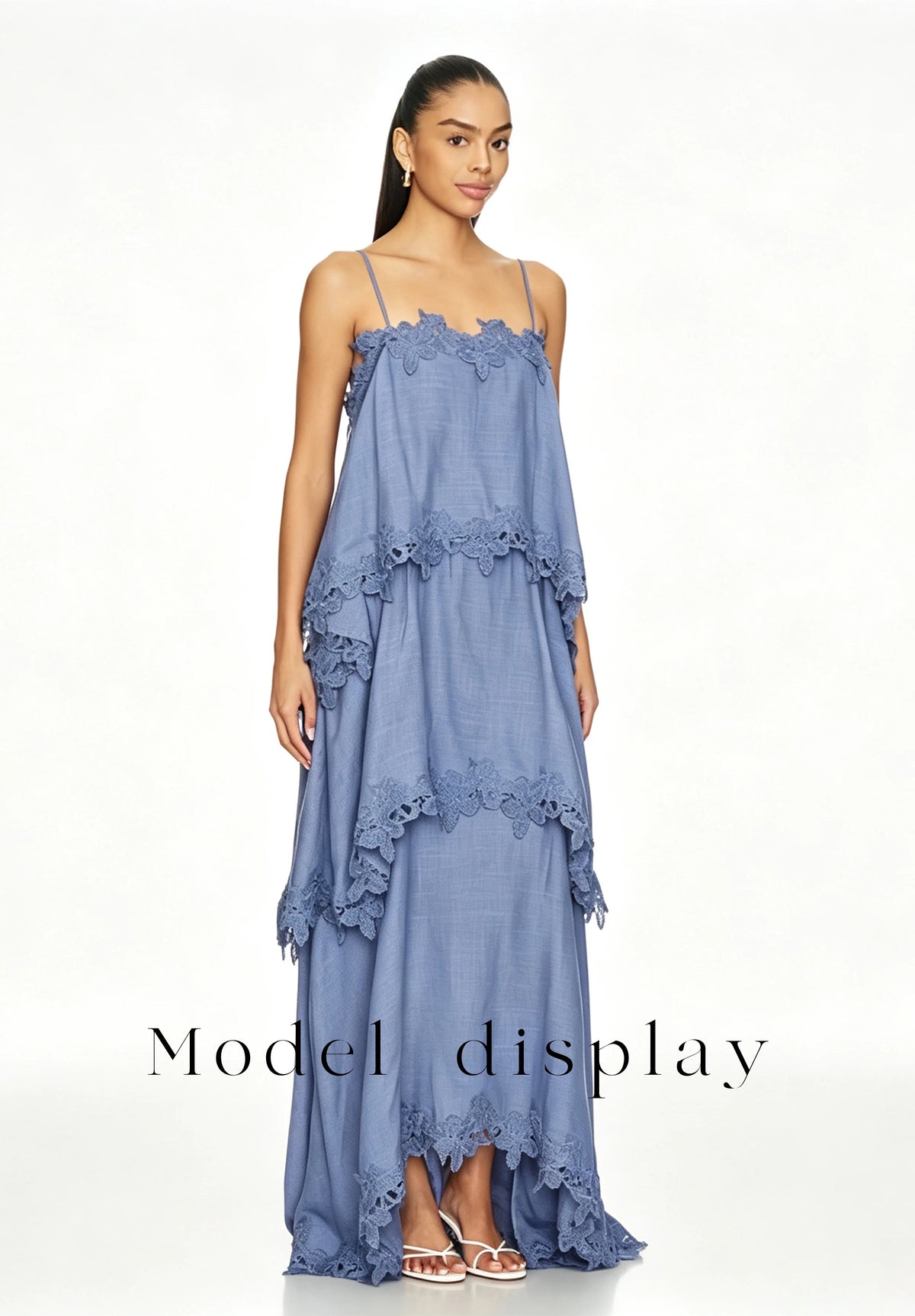 SweetLady Blue Spaghetti Strap Tiered Lace Trim Maxi Gown, Flowy Boho Layered Long Dress for Summer Holiday Bridesmaid