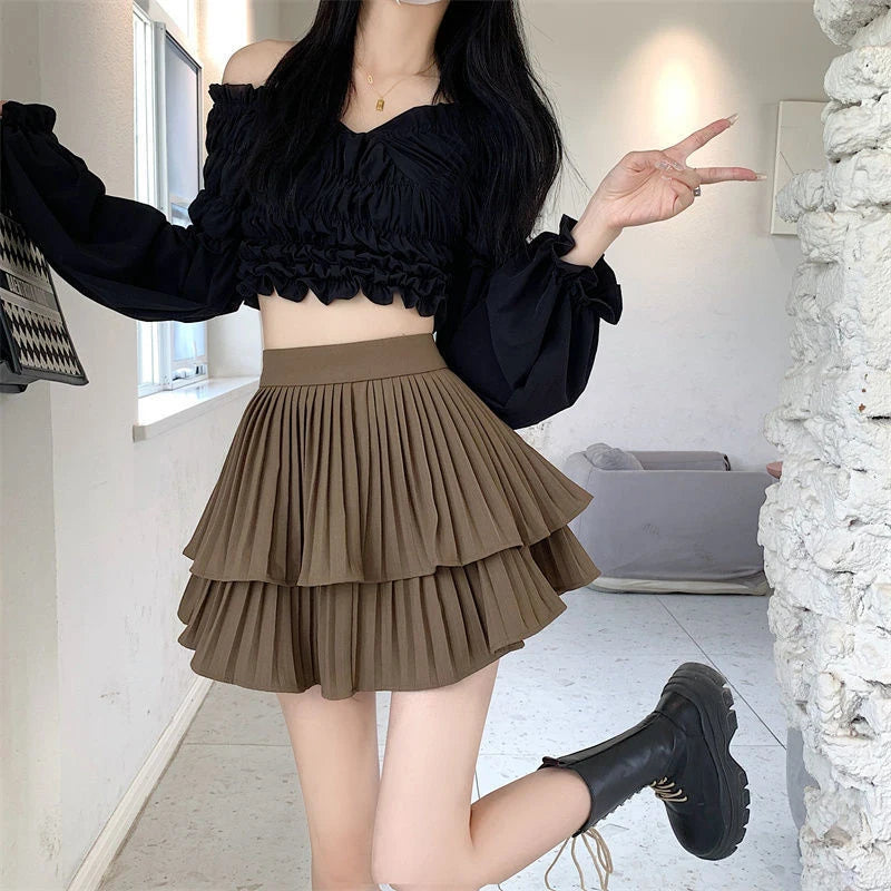 Ruffled Cake Skirts for Women High-waisted A-line Solid All-match Sweet Lovely Girls Korean Style Gentle Spring Kawaii Casual