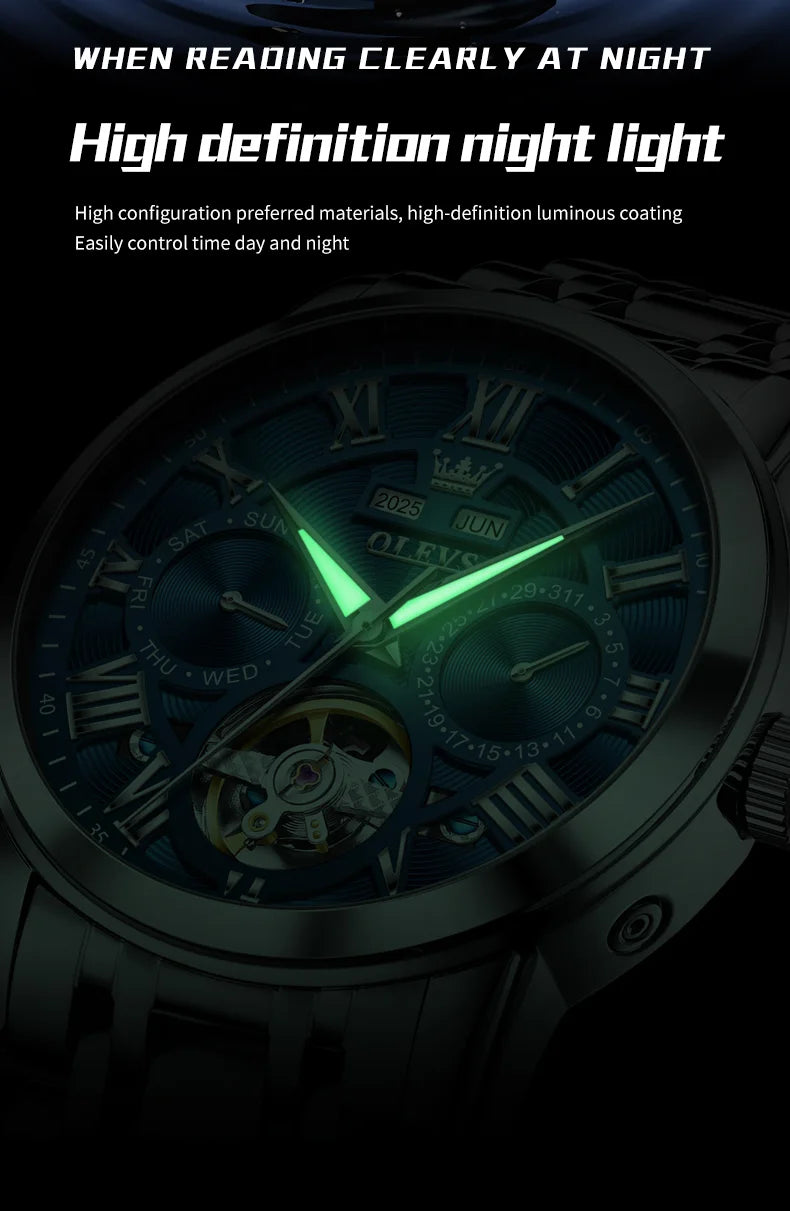 OLEVS 6668 Original Men's Watch Multifunctional Skeleton Waterproof Stainless steel Strap Business Automatic Mechanical Watches