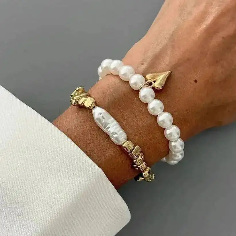 2Pcs/Set Elegant Imitation Pearl Bracelet For Women'S Bohemian Elastic Rope Chain Bracelet With Heart Pendant Jewelry
