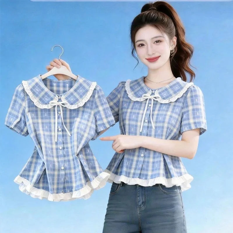 Sweet Style Pink Plaid Shirt Women's Summer Short Sleeve Waist Cinched Slimming Floral  Top Doll Collar Loose Fit Polyester