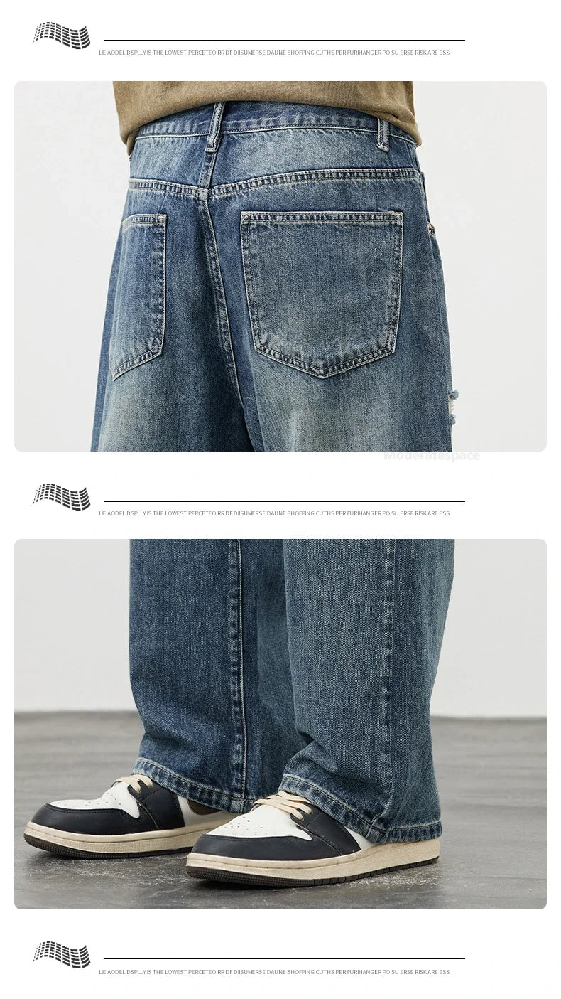 Korea Baggy Jeans Men's Vintage Straight Ripped Y2k Pants Fashion Frayed High Street Distressed Denim Trousers Male Clothes
