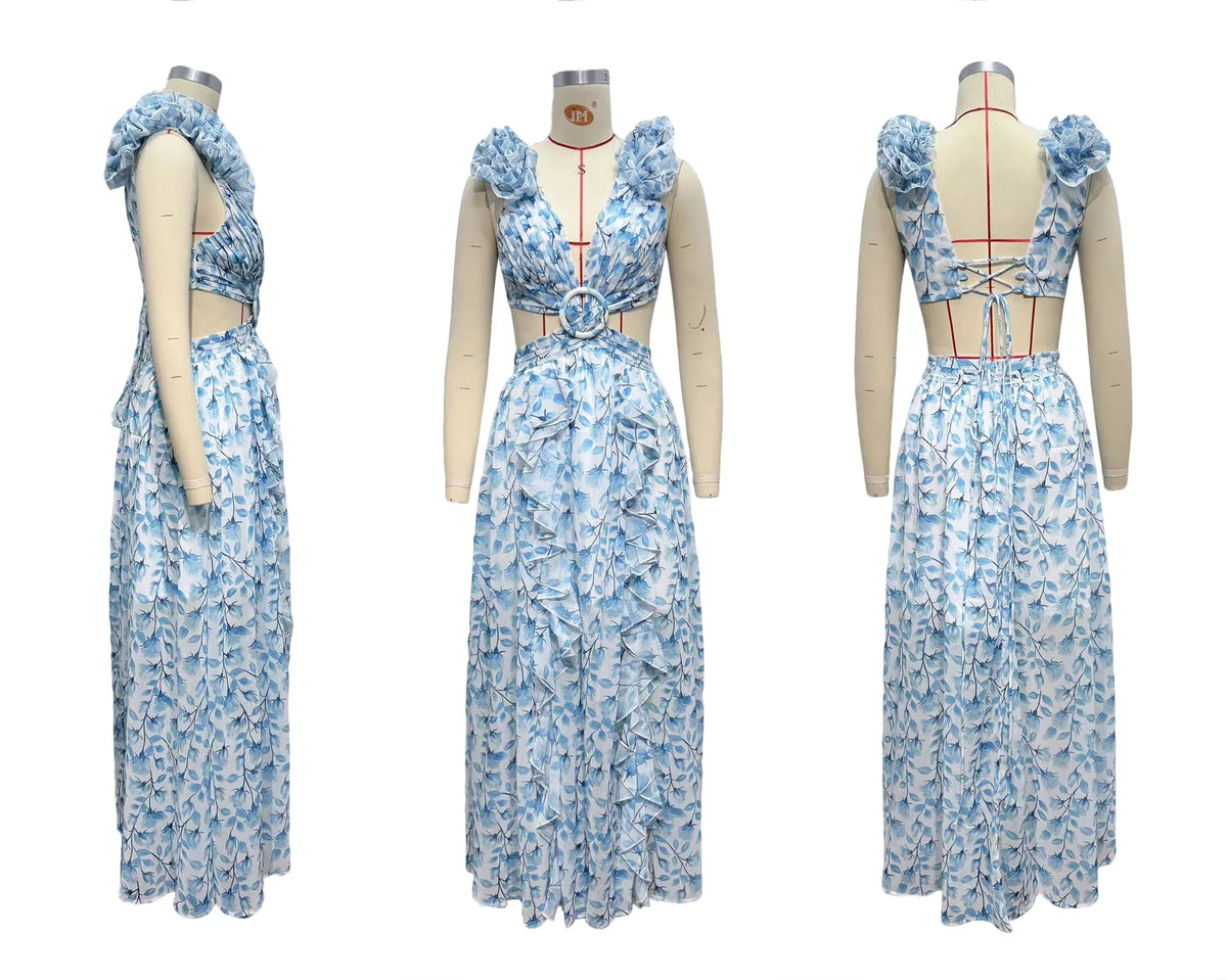 Floral Dress Women Spring Summer Deep V Neck Ruffle Hem Hollow Out Backless Maxi Dresses Bohemian Beach Sundress Outfit