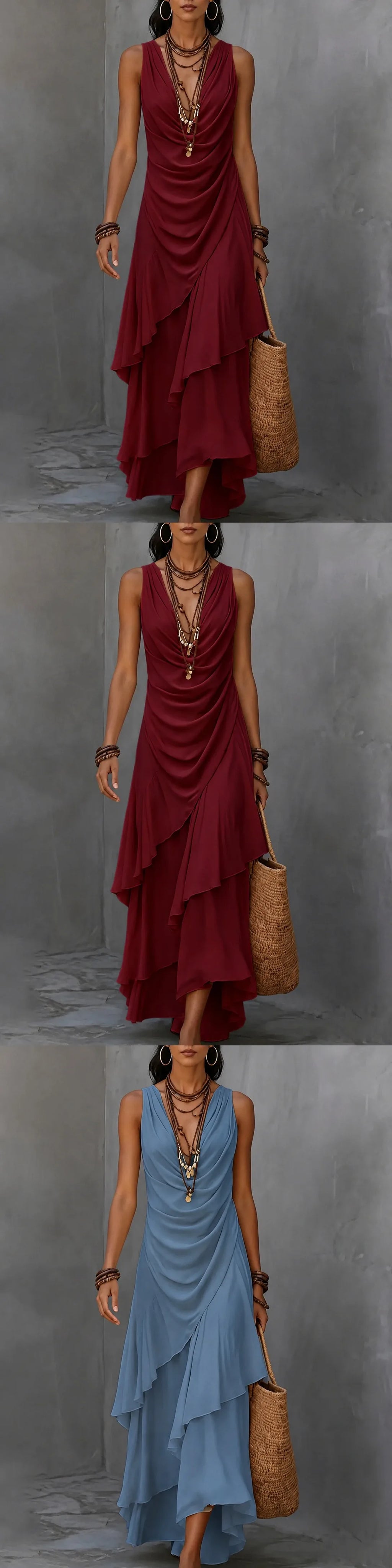 Womens V Neck Sleeveless Dress Summer Casual Long Dresses with Ruffle Hem Flowy Tiered Maxi Dresses