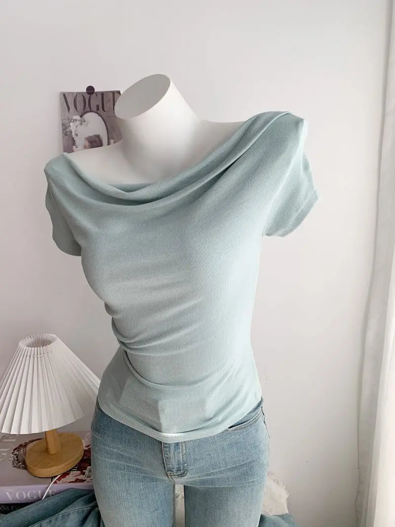 Summer Short Sleeve T-Shirt Shoulder Bared Open Neck Irregular Pleated Korean Style Slim Fit Pure Color Modal Fabric Ladies Top