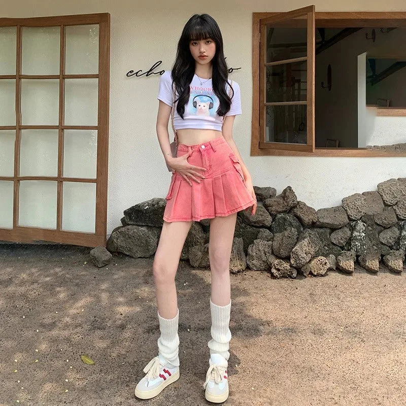 Harajuku Kawaii Plaid Mini Skirt pink Women Lolita Cosplay High Waist Heart Cute Pink A Line Pleated Tennis Short Skirts e girl