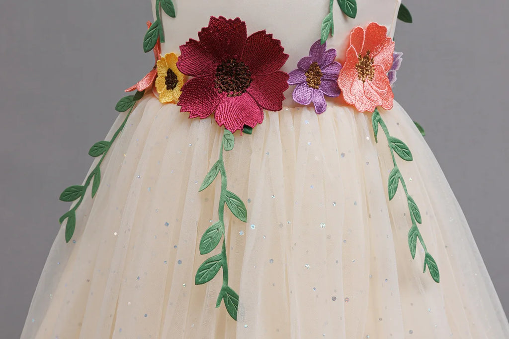 HETISO Princess Dress for Girls Red Christmas Lace Dots Embroidery 3D Flower Formal Party Birthday Gown Kids 2-10 Years