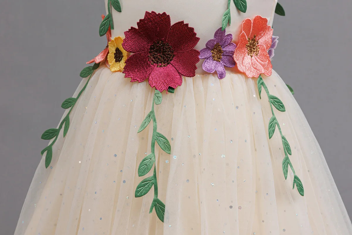 HETISO Princess Dress for Girls Red Christmas Lace Dots Embroidery 3D Flower Formal Party Birthday Gown Kids 2-10 Years