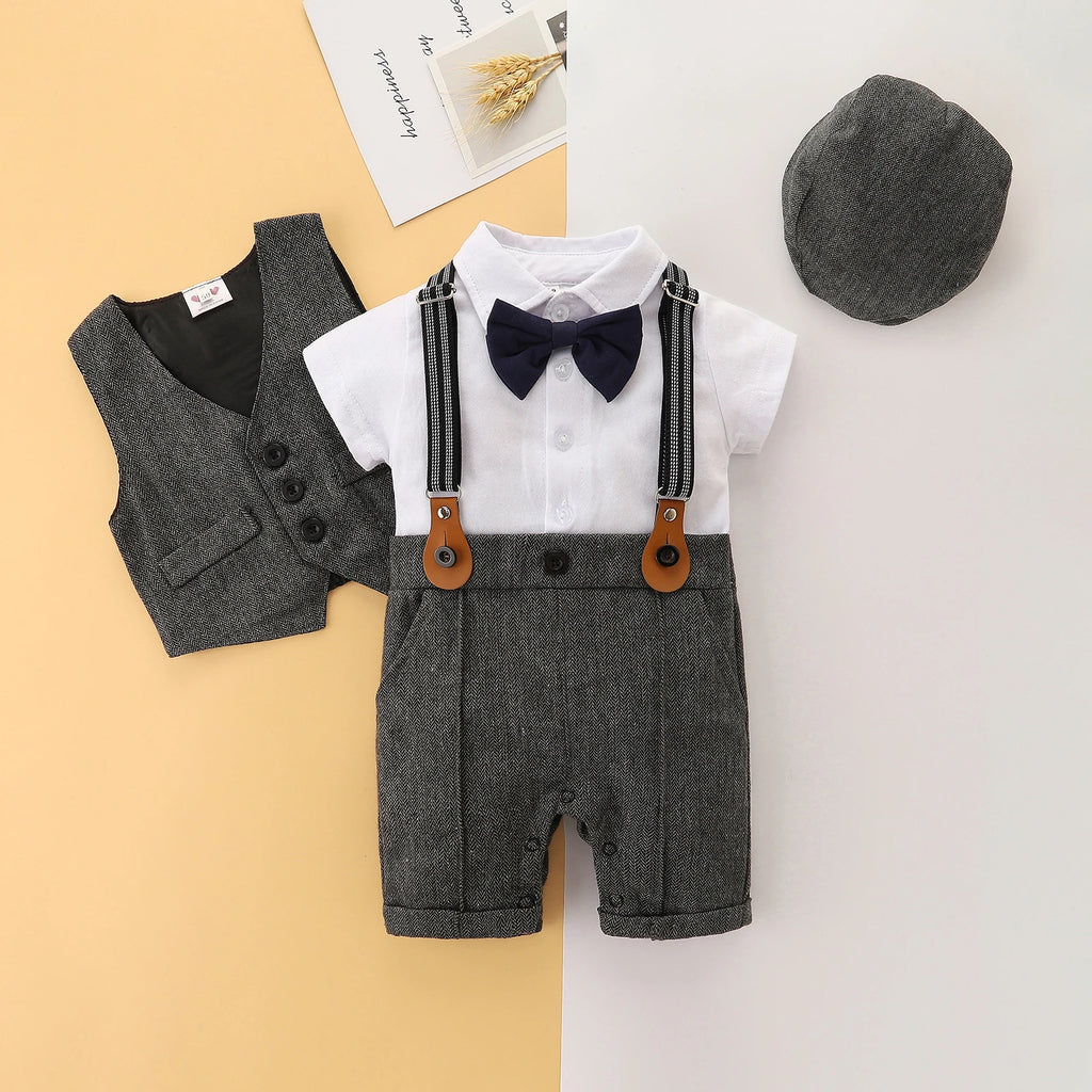 FOCUSNORM 0-24M 3 Colors Baby Boys Gentleman Clothes Sets 3pcs Short Sleeve Patchwork Bow Romper + Vest Coat+ Hat