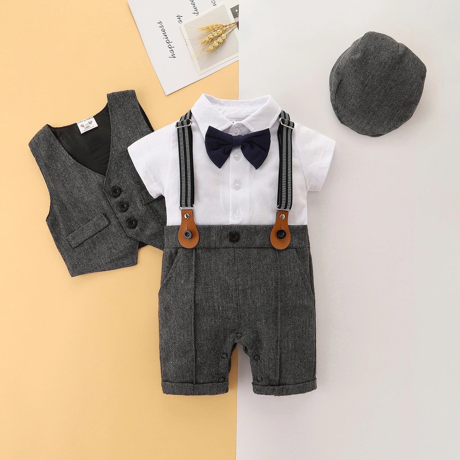 FOCUSNORM 0-24M 3 Colors Baby Boys Gentleman Clothes Sets 3pcs Short Sleeve Patchwork Bow Romper + Vest Coat+ Hat