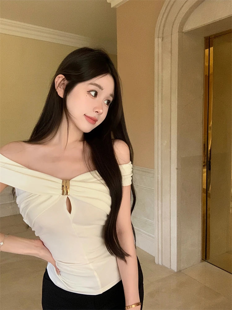 Summer slim sexy spicy girl slash neck ruffled short-sleeved T-shirt for women