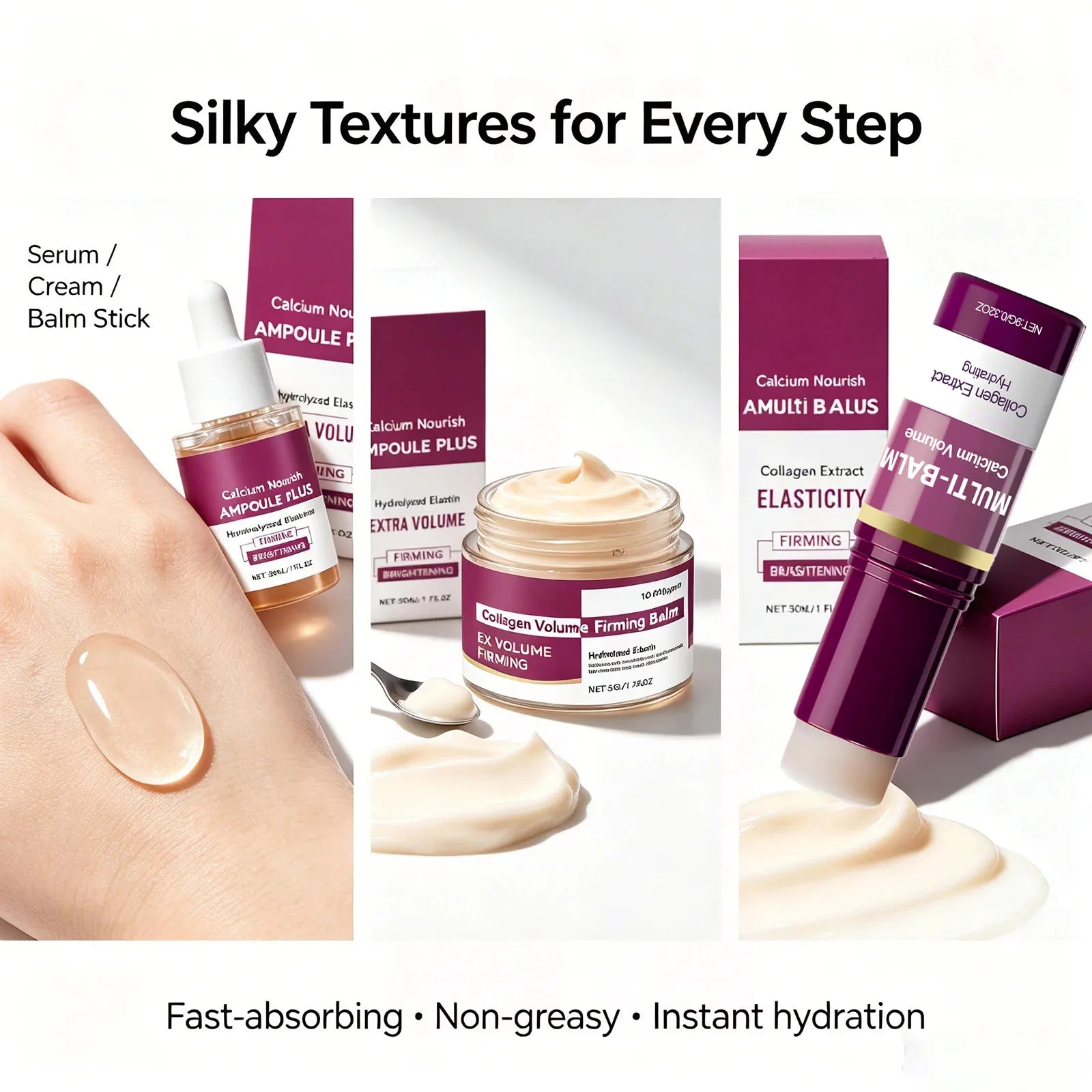 Korean Calcium Volume Multi Balm+Calcium Collagen Moisturizer+Pore Firming Essence Gentle & Moisture Routine for Daily Skincare