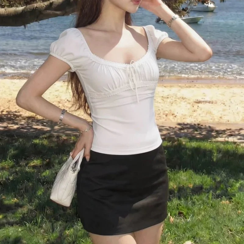2000s Aesthetic Sweet Lace Short Top Women Lace Up T-shirt Short Sleeve Korean Fashion Female Tee Fairy Grunge Streetwear