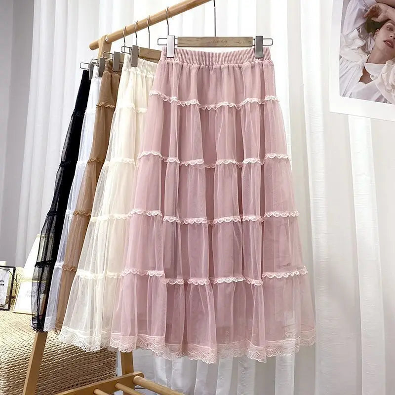 Sweet Lace A-Line Half Skirt Women's Spring Summer New Style Elastic Waist Slimming Cake Skirt High Waist Polyester Fiber