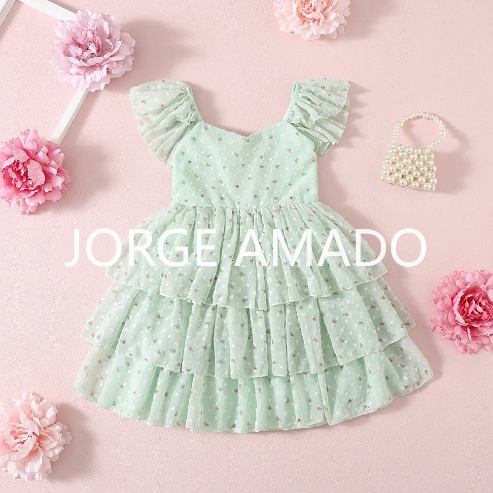 Girls Floral Embroidery Layered Princess Dress | Summer Mesh Sundress