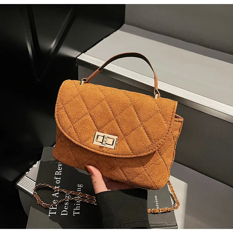 Diamond Grid Chain Crossbody Bag One Shoulder Purse Trendy Flip Top Clutch Women's Fashion Suede Leather Casual Shoulder Bag