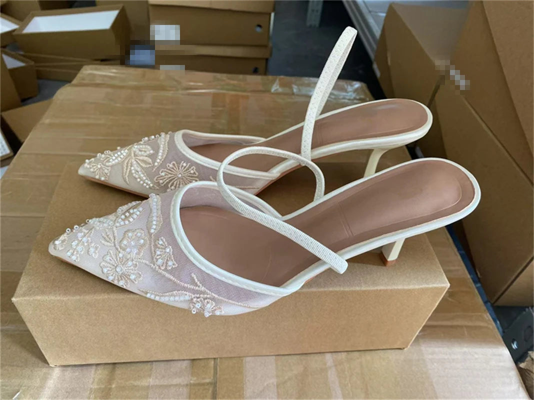 Women's Mesh Floral Embroidered Slingback High Heels Female Open Heel Pearl Studded Pointed Toe Sandals Sexy Stiletto Lady Mules