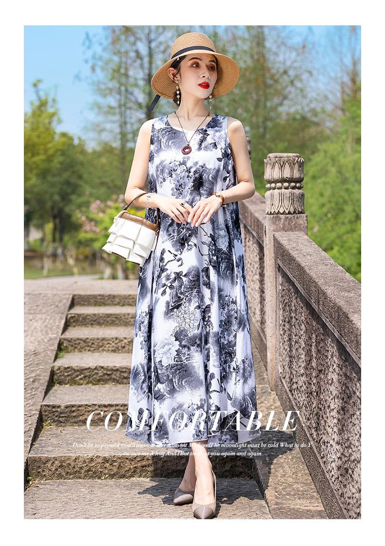 New Women Summer Dresses Vintage Dress FashionRobe Plus Size Sleeveless Femme Casual Print Dresses