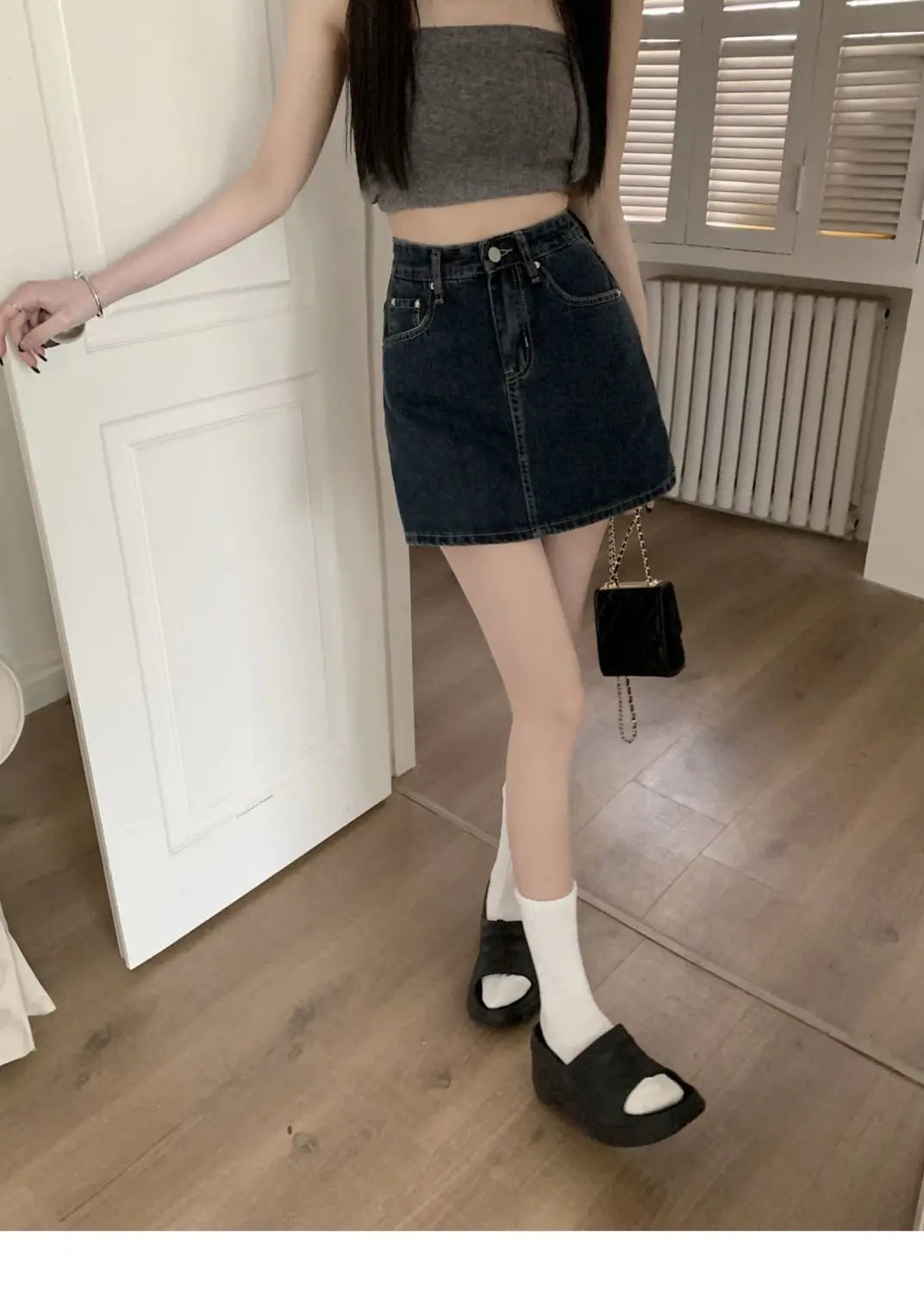 Women's Y2K High-Waist Mini Skirt Deep Blue Denim Spring Summer Slimming Flattering Wrap Around Skirt for Full Coverage