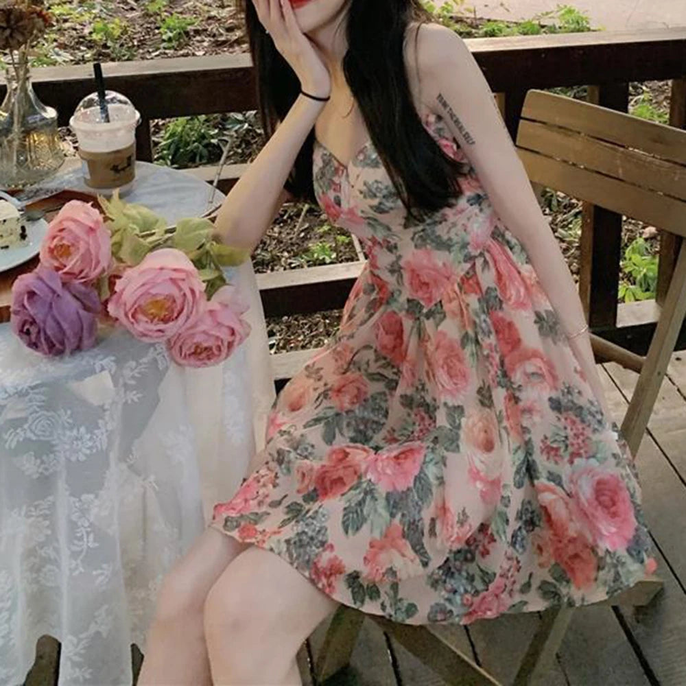 Women's Floral Print A-line Dress with Adjustable Straps and High Waist Design for Spring Summer Autumn Winter Wear