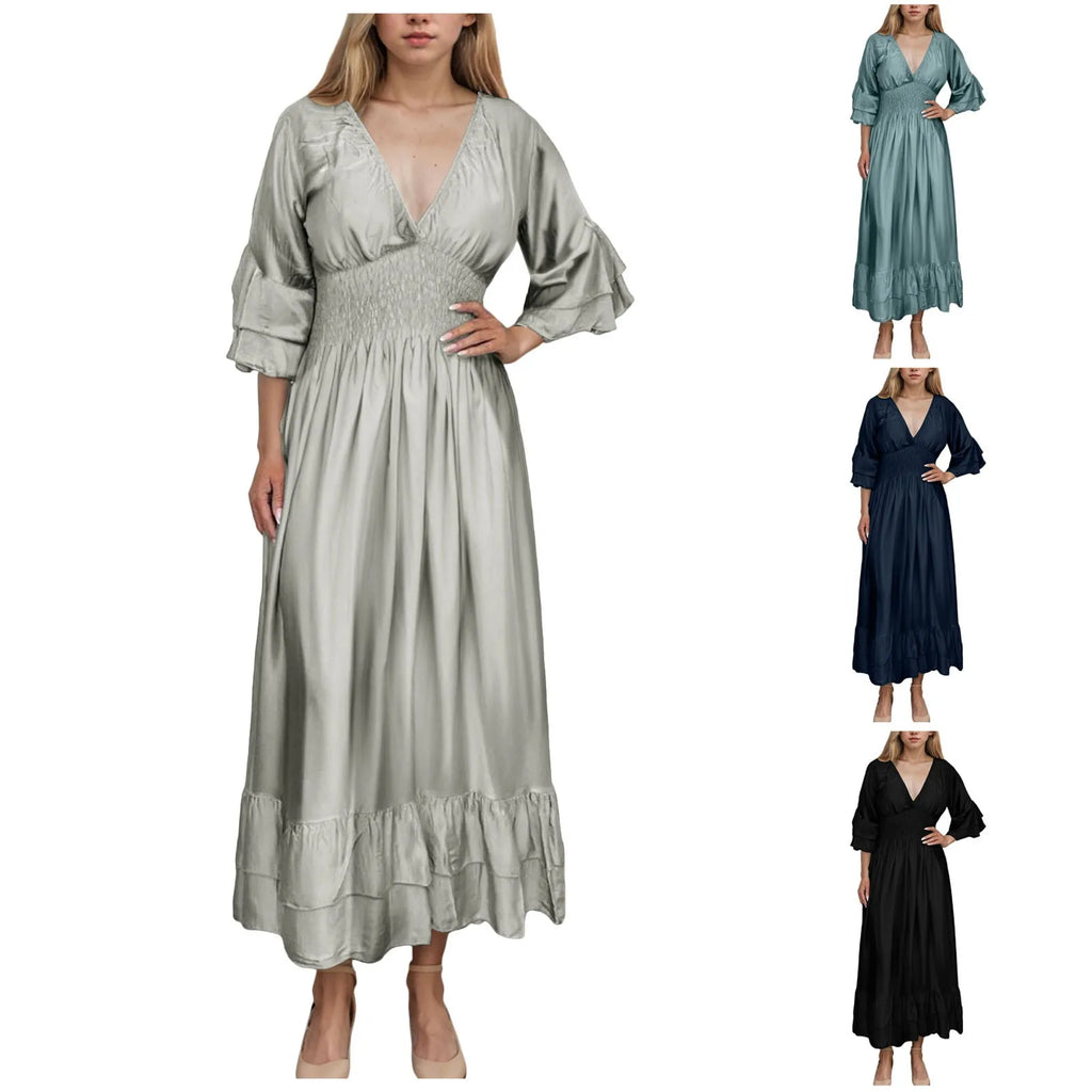Womens Work Dresses Business Casual Women Sexy V Neck Ruffle 3/4 Sleeve Dress Casual Loose Ruffle Tiered Womens Sweater Dress