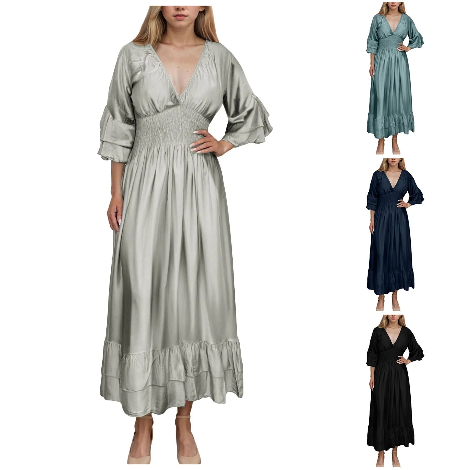 Womens Work Dresses Business Casual Women Sexy V Neck Ruffle 3/4 Sleeve Dress Casual Loose Ruffle Tiered Womens Sweater Dress