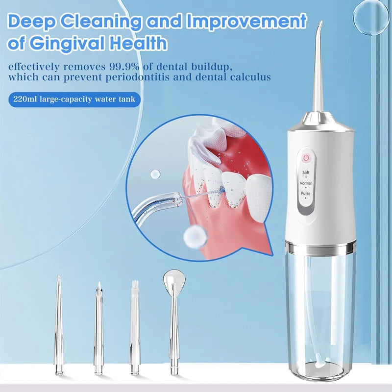 220ML Portable Oral Irrigator Mouth Washing Machine Dental Water Flosser 3 Modes 4 Jet Tips Electric Teeth Cleaning Machine