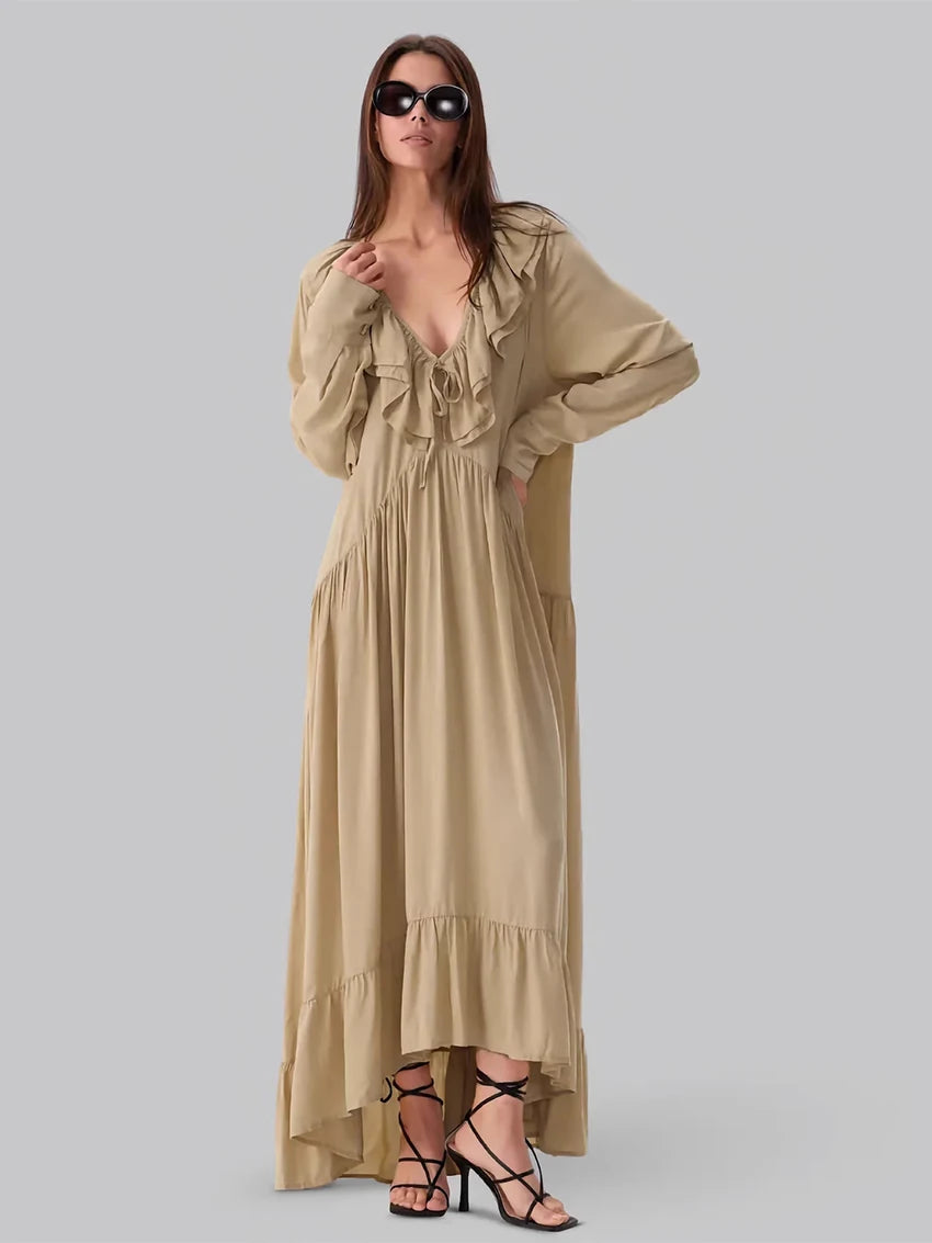 Parc Fee Fashion Loose Khaki Women's Dress Sexy V-Neck Long Sleeve Ankle Length Dresses Elegant Classic Ruffles Female Dress