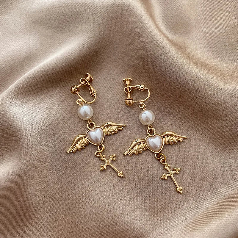 Korean Fashion Style Pearl Long Tassel Clip on Earrings for Women Simple Temperament Long Chain Non-piercing Ears Clip Earrings