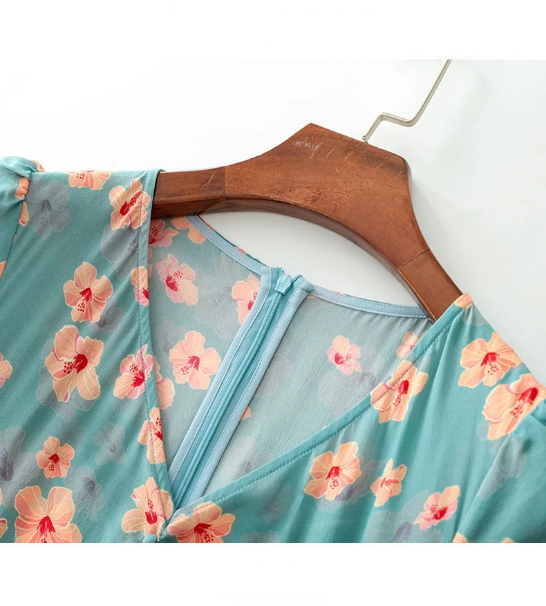 Women's Summer Floral Chiffon Lotus Leaf Dress 2021 New Fashion Print Temperament Belt Chic Female Dress Vestido Feminino Dress