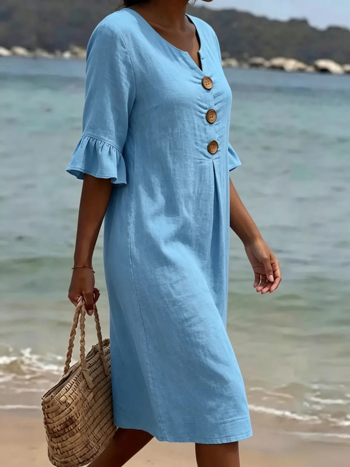 Simple Casual Women's Solid Color Midi Dress V Neck Button 3/4 Sleeve Loose 2026 New Summer Beach Vacation Dresses With Pockets