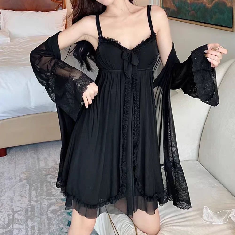 Lace Bowknot Women Pajama Dress Nightgown Sleeveless Homewear Suspender Nightdress Set Sleepwear Ruffle