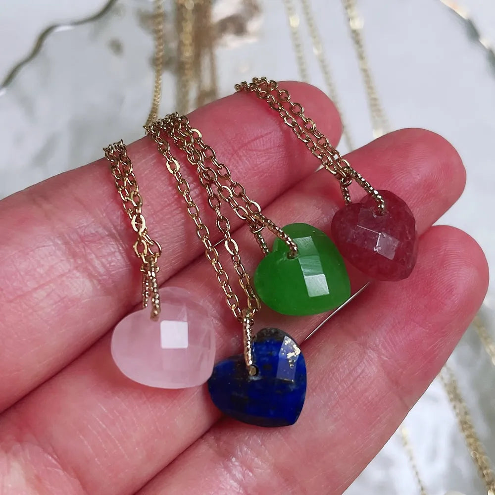 Korean Fashion Real Natural Crystal Stone Pendant Necklace Minimalist Jewelry Mini Small Heart Pendulum Steel Chain Women Choker