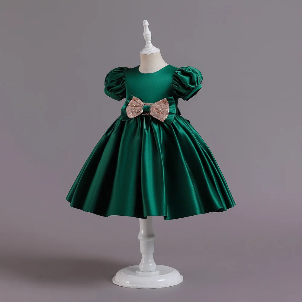 Golden Bow Satin Girls Dress For Weddings Party Children's Pageant Ball Gown Kids Formal Evening Clothing 2-8 10 Years