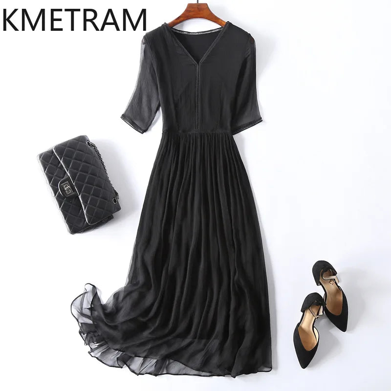 KMETRAM 100% Natural Mulberry Silk Dresses 2025 Woman Summer Elegant V-neck Long Dress Party Frocks Women Clothing Vestidos