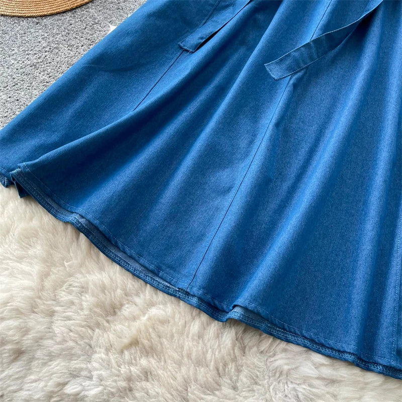 KAROFI Women Bow Tie Elastic Waist Denim Long Skirt Korean A Line Flowy Midi Jeans Skirt Casual Loose Vintage Blue Maxi Skirts