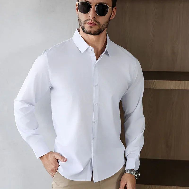 New Men'S Business Casual Long Sleeved Solid Color Shirt Wrinkle Resistant Wrinkle Free Comfortable All Season Versatile Top