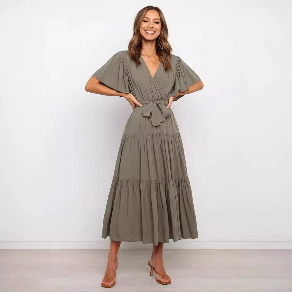 Summer Bohemian Long Dress Pure Color V-Neck Short Sleeve Empire Waist Design Floor Length with Belt Loose Fit Women's Dress