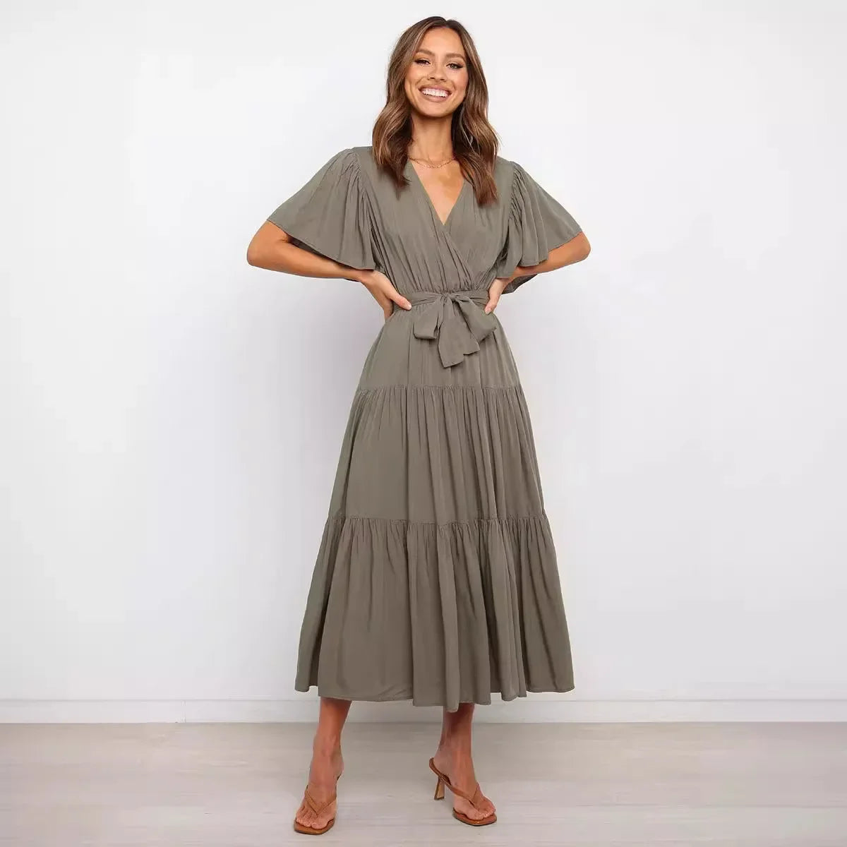 Summer Bohemian Long Dress Pure Color V-Neck Short Sleeve Empire Waist Design Floor Length with Belt Loose Fit Women's Dress