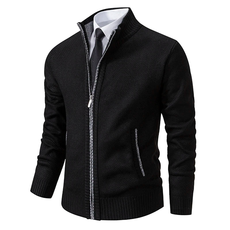Men's Fleece Zip Cardigan Warm Stand Collar Jacket For Autumn Winter Solid Color Casual Sportswear For Men