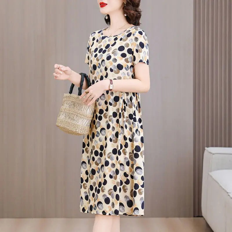 Women Summer Cotton Midi Dress Polka Dot Print Round Neck Short Sleeve Loose Casual Home Outdoor Dress S 4XL