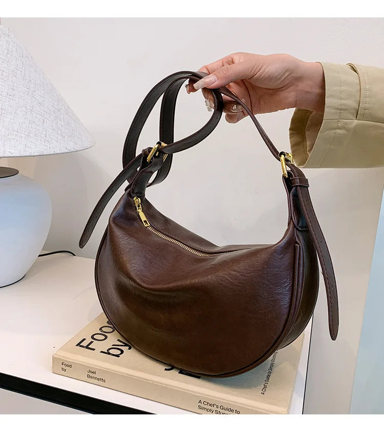 Women Vintage Soft Leather Dumpling Bag Fashion Adjustable Strap Crossbody Bag Large Capacity Crescent Shoulder Purse for Daily