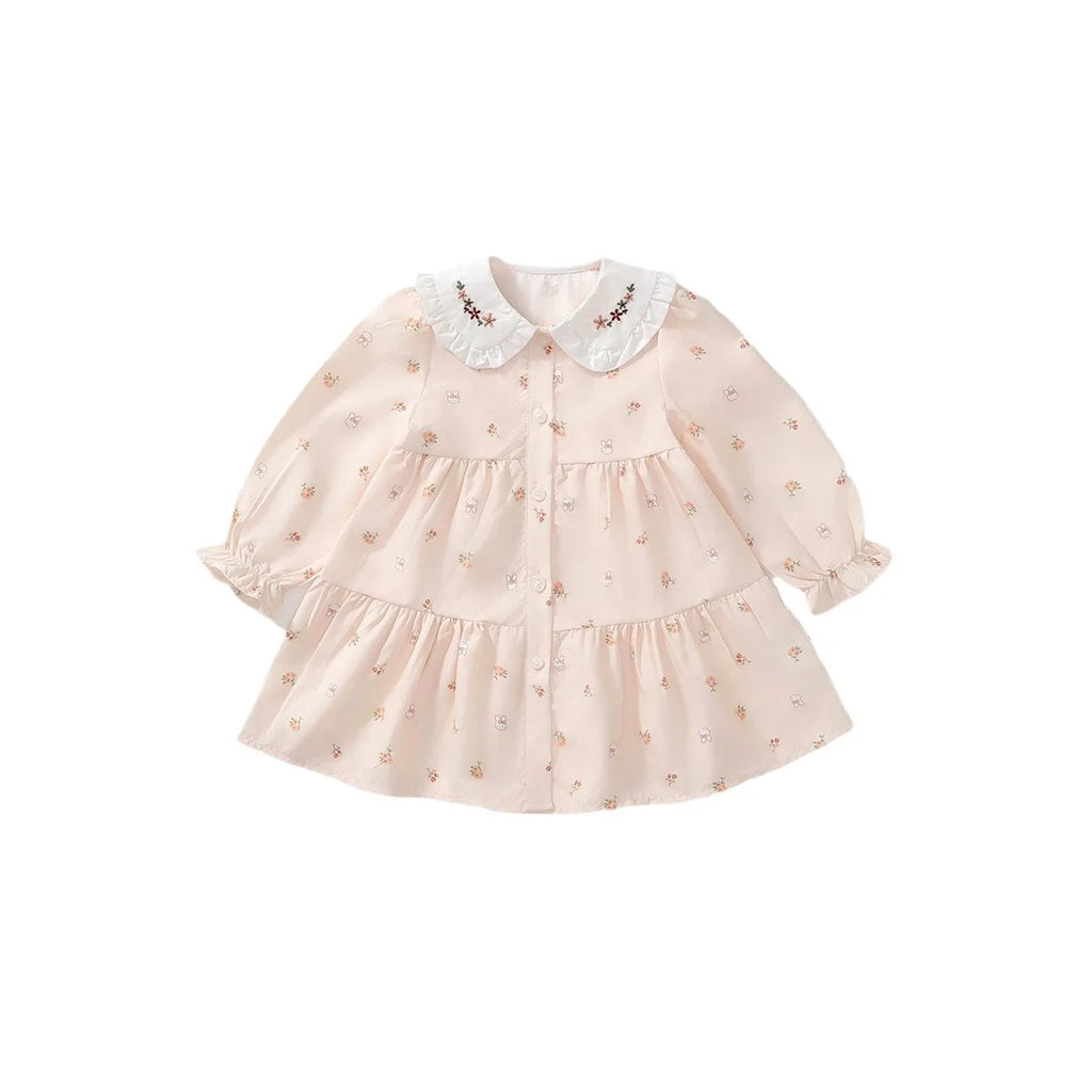 Children Girl Vintage Dress Spring Autumn Lace Turn Down Collar 2-8Y Princess Dress Fragment Flower Long Sleeve Baby Girls Dress