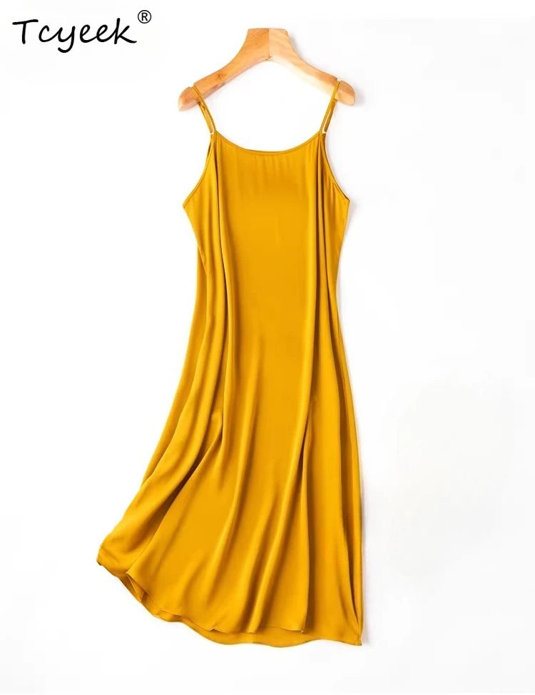 Tcyeek Women Silk Dress 93%Silk 7%Spandex Spaghetti Strap Mid Dresses 2024 Summer New Clothes Blue