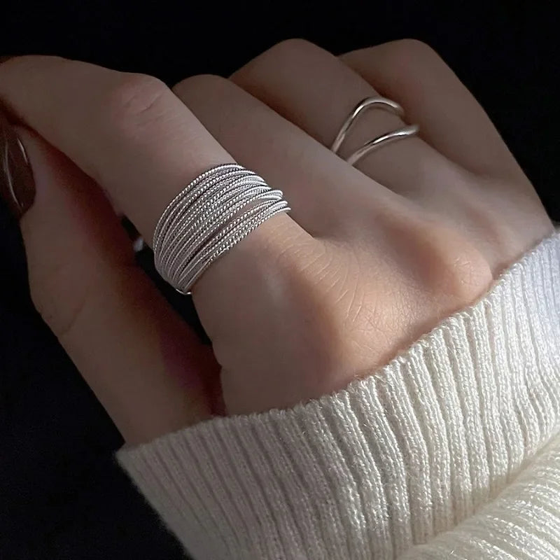 Personality Design Trendy Silver Color Multi-Line Ring For Women'S Girl Charm Opening Irregularity Finger Ring Set Jewelry