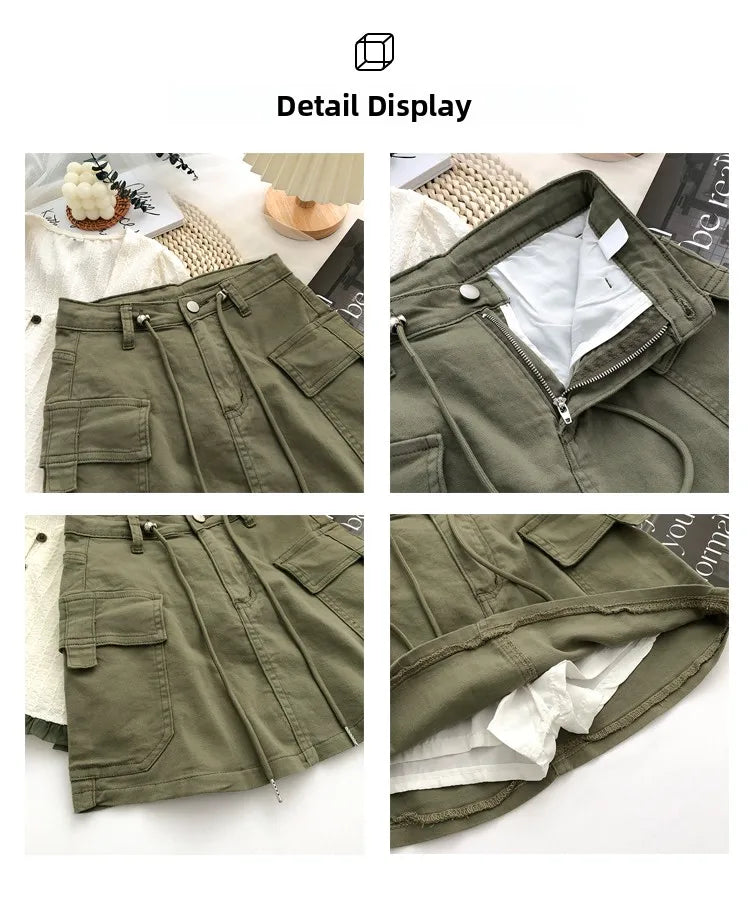 Retro High Waist Denim  Skirt Women's Spring Summer Autumn Casual Drawstring Anti-Light Short Skirt Polyester Fiber